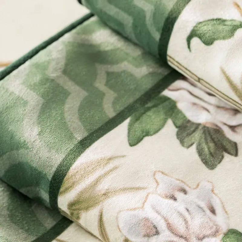 Soft, crease-resistant chinoiserie vintage jade green tablecloth fabric detail.