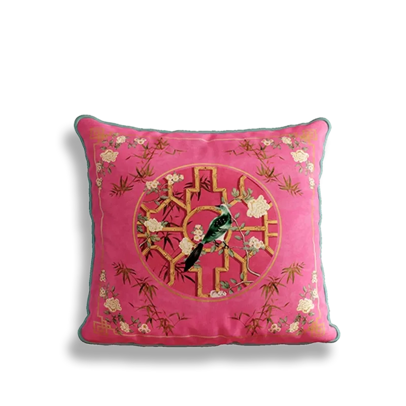 Style C chinoiserie window lattice birds blossoms square pillow.