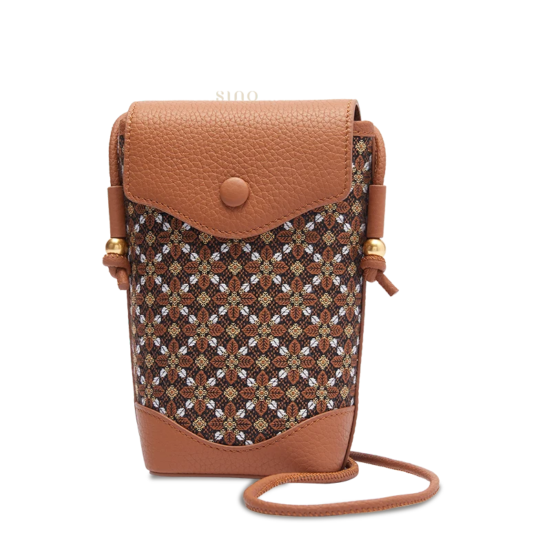 Brown Chinoiserie Zhuang Brocade crossbody phone bag for women with Osmanthus motif and cowhide leather, front view.