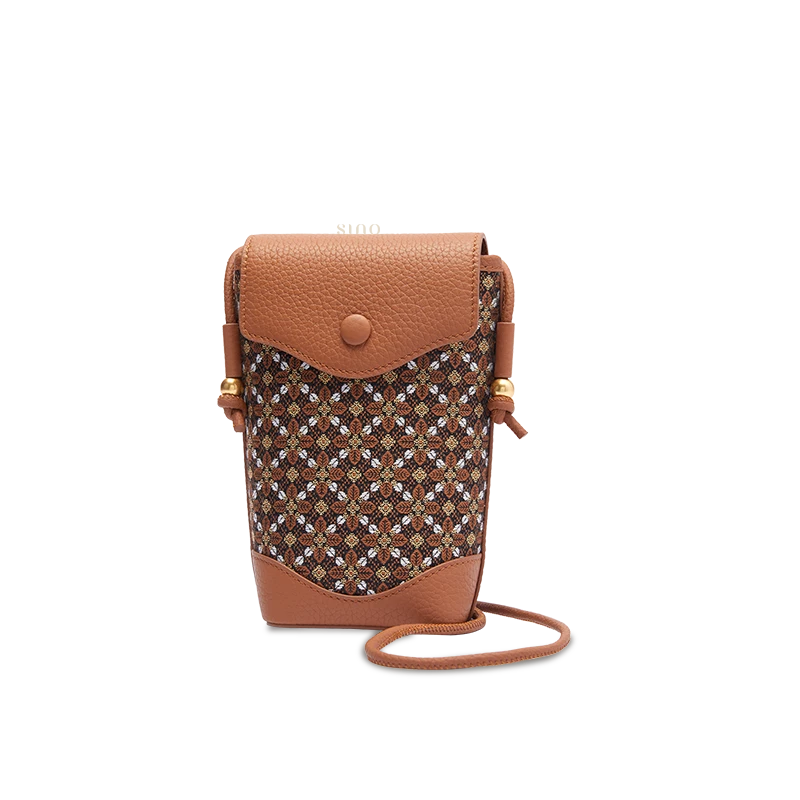 Brown Chinoiserie Zhuang Brocade crossbody phone bag for women with Osmanthus motif and cowhide leather, front view.