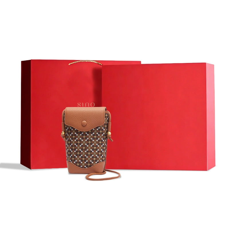 Brown Chinoiserie Zhuang Brocade phone bag with gift box, a Chinese-inspired gift for women.