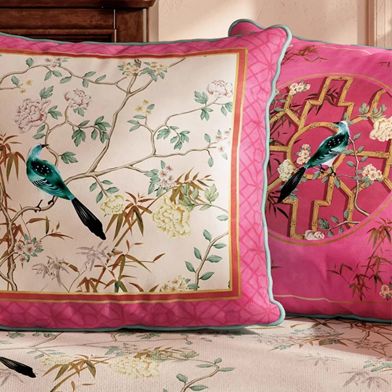 Close-up of chinoiserie window lattice birds blossoms embroidery.