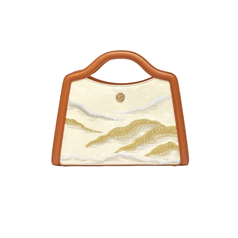 Embroidery leather handmade silk luxury top handle bag with Cloud Mountain design, front view.