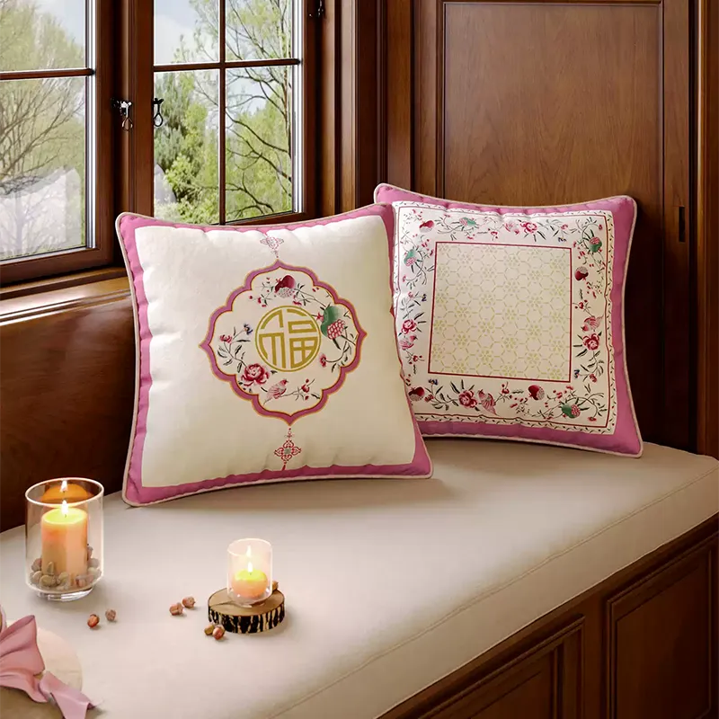 Coral pink Chinoiserie throw pillow for living room decor.