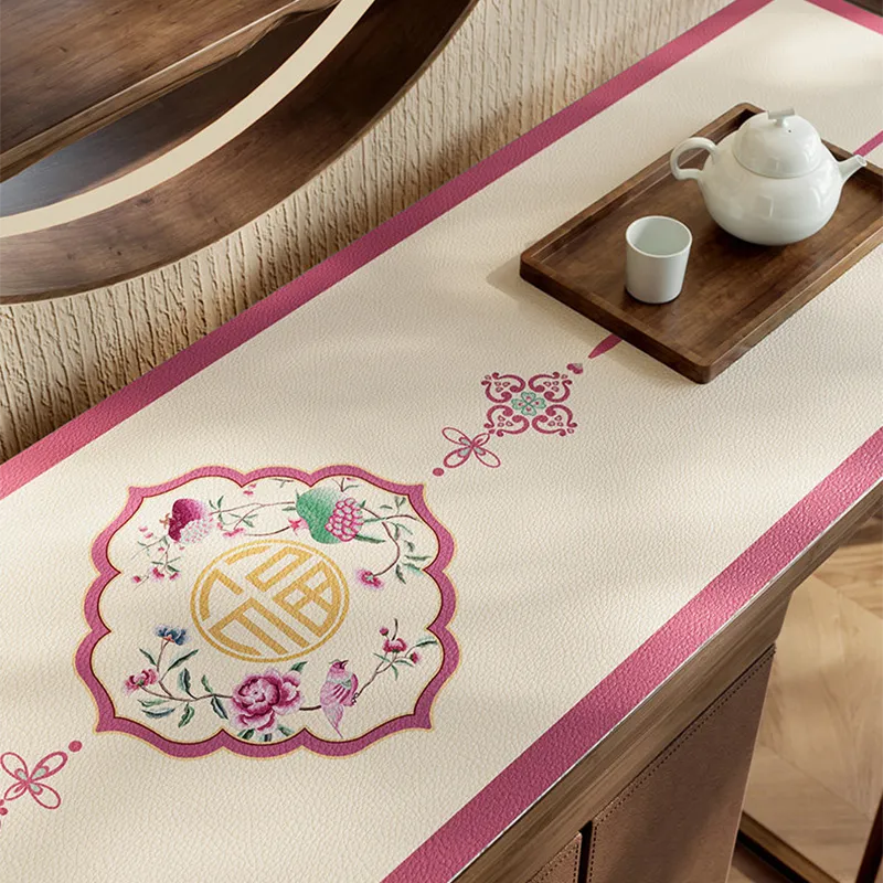 Coral pink leather cabinet top mat with longevity design.