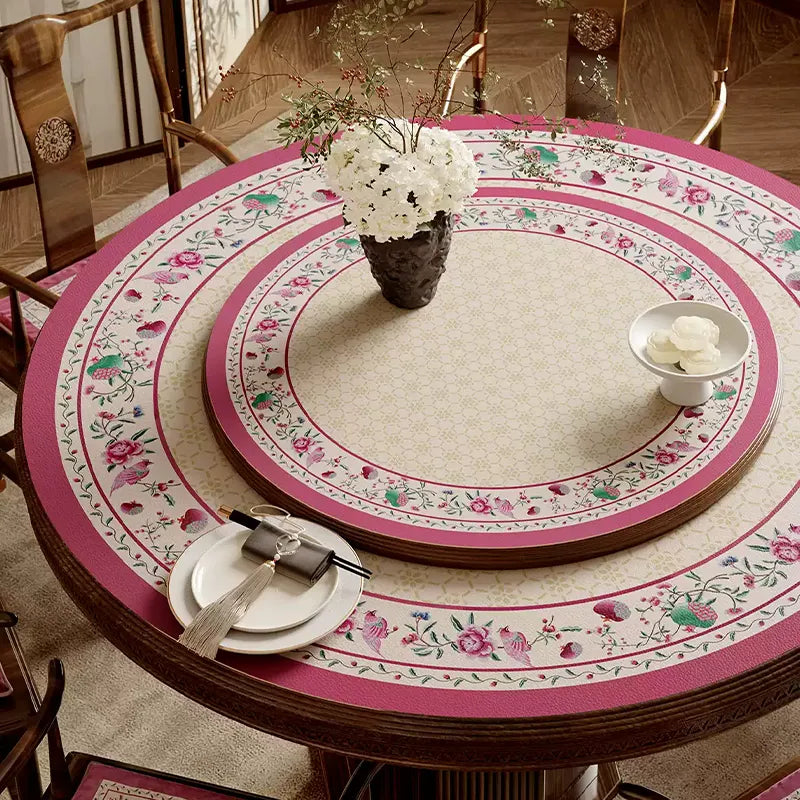Coral pink round leather table mat with custom size options.