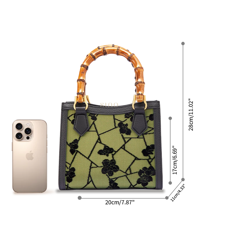 Size guide of Cracked Ice Plum Blossom silk bamboo handle handbag with structured leather silhouette and everyday capacity.