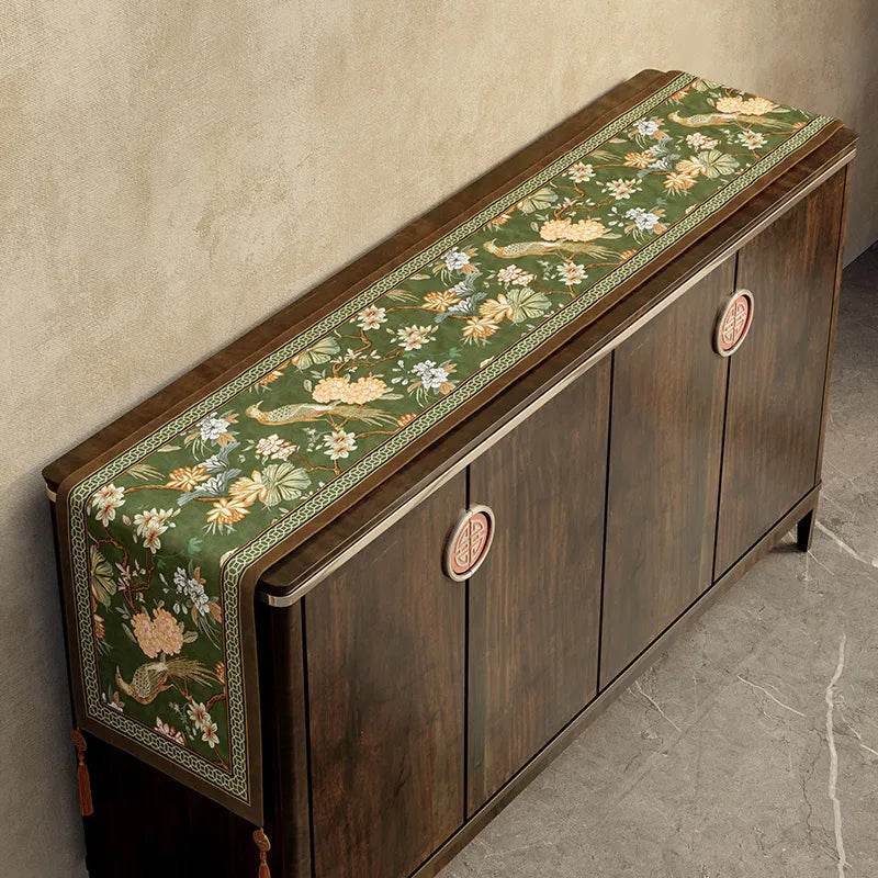 Chinoiserie Floral Table Runner - Cyanine Green Vintage Tea Party Decor - SinoCultural -- TRO30A160 -