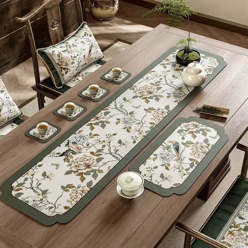 Chinoiserie Tea Table Runner Vintage Leather Absorbent Tea Mat - SinoCultural -- TM050A15