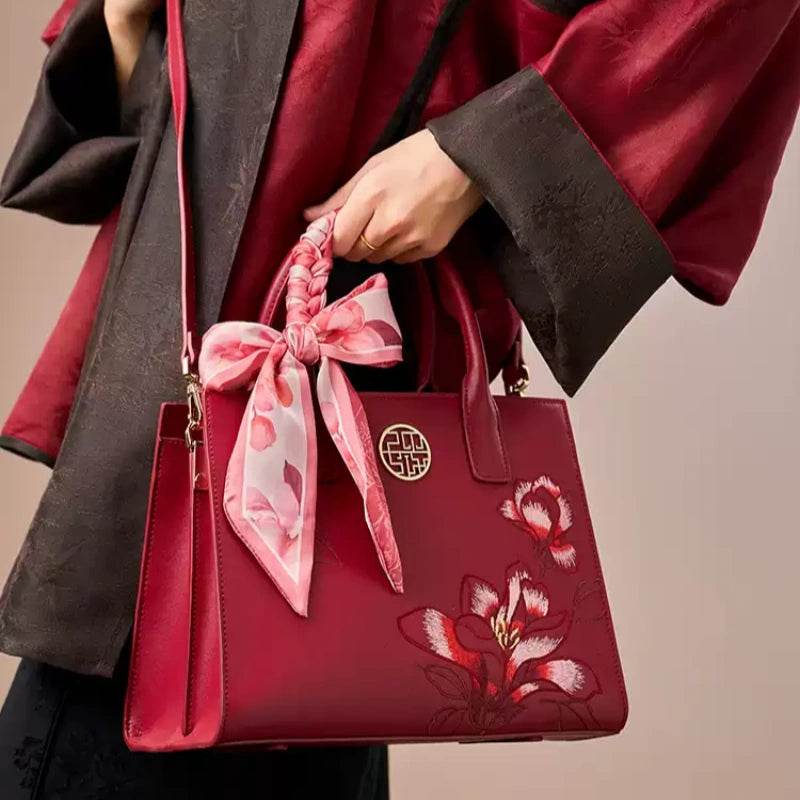 Embroidery Leather White Commuting Handbag Orchid with Scarf - SinoCultural -- P120437-1