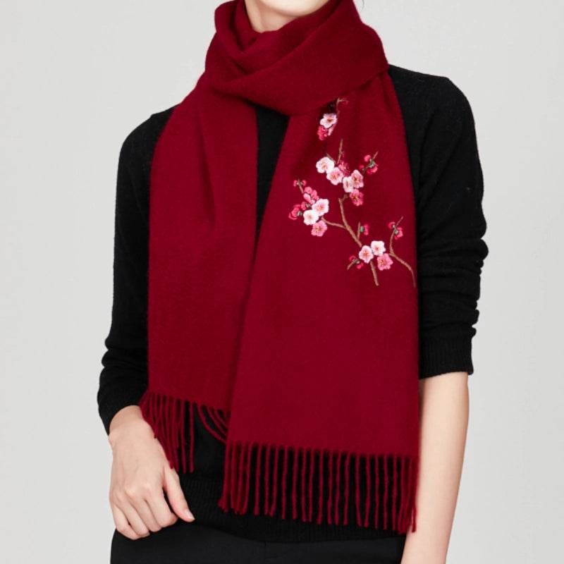 Handcrafted Su Embroidery Cashmere Scarf Luxury 190x30cm - SinoCultural -- HYFSJ017-5
