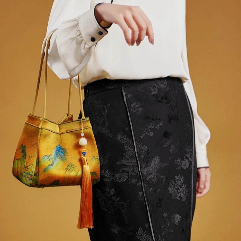 Chinese Painting Mulberry Silk Bucket Bag Vintage Handbag - SinoCultural -- P17062005-2