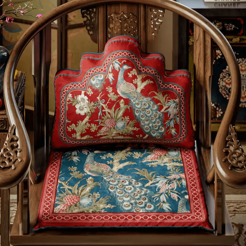 Chinoiserie Festive Red Peacock Luxe Lumbar Pillow - SinoCultural -- WP050A01