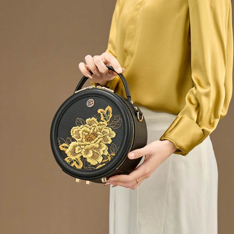 Embroidery Leather Round Handbag High Luxury Royal Gold Peony - SinoCultural -- P110171