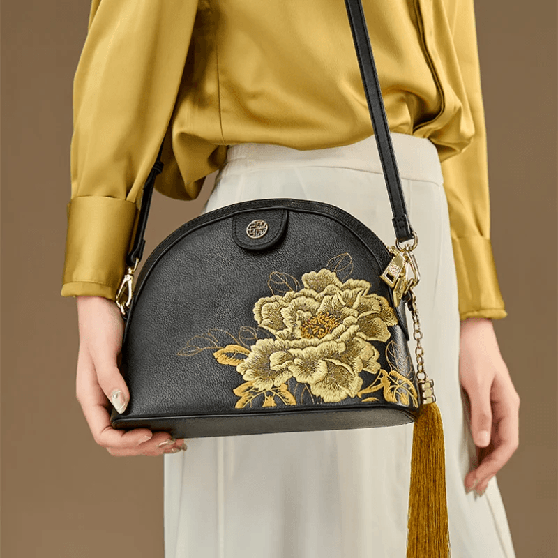 Embroidery Leather Shoulder Bag High Luxury Royal Gold Peony - SinoCultural -- P210079 -