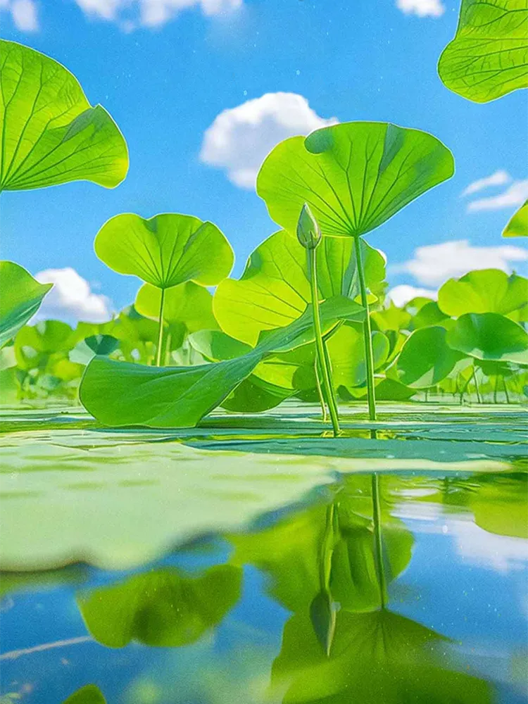 Lush lotus leaves and a tiny bud in a pond—for our Dashu blog
