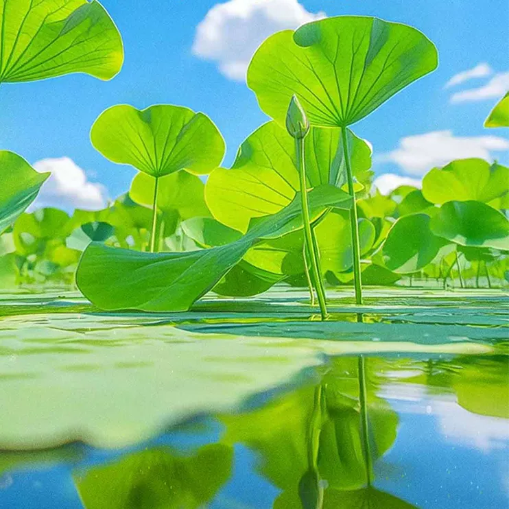 Lush lotus leaves and a tiny bud in a pond—for our Dashu blog