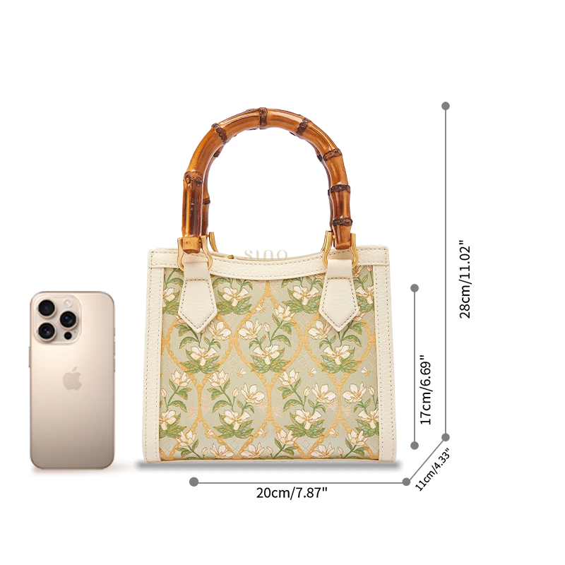 Size guide of Dayun Brocade bamboo handle handbag showing compact structured shape and everyday carrying capacity.