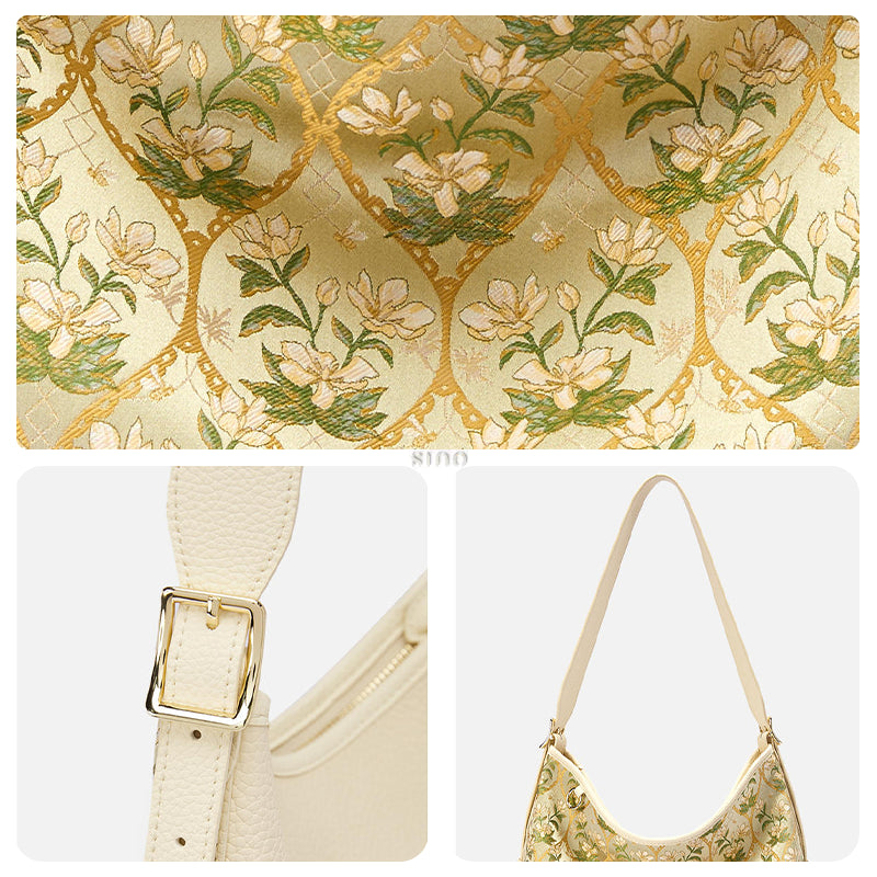 Detail collage of the Dayun Brocade Verdant Floral Leather Crossbody Bag, showing the floral brocade fabric, leather strap, metal buckle, and shoulder design.