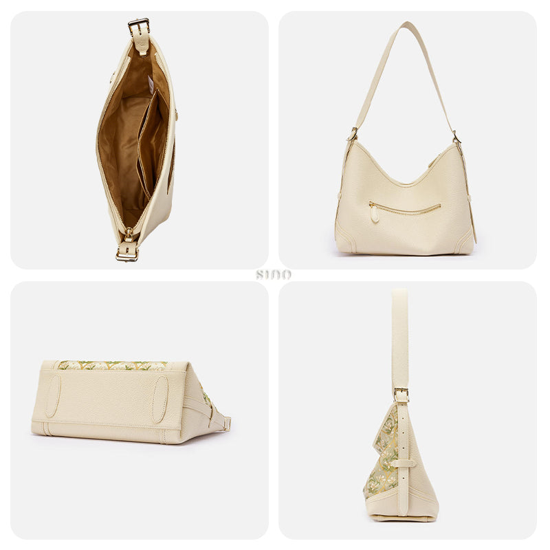 Interior and multi-angle details of the Dayun Brocade Verdant Floral Leather Crossbody Bag, including inner pockets, back view, bottom view, and side profile.