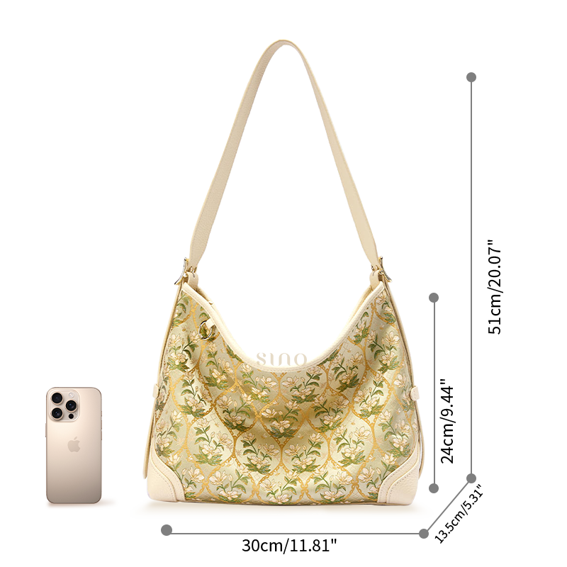 Size reference image of the Dayun Brocade Verdant Floral Leather Crossbody Bag showing its capacity and structured shoulder bag shape.