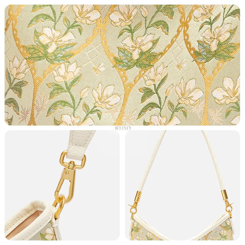 Close-up detail of the Dayun Brocade Verdant Floral pattern, gold-tone hardware, and shoulder strap on the leather shoulder bag.