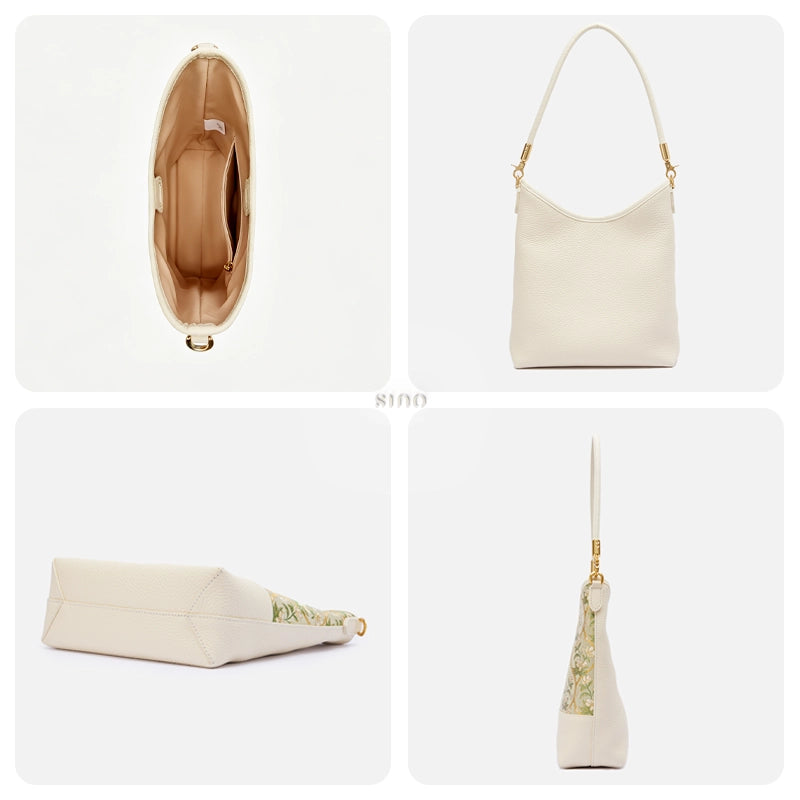 Interior, back, side, and base views of the Chinoiserie Luxury Dayun Brocade Verdant Floral Leather Shoulder Bag.