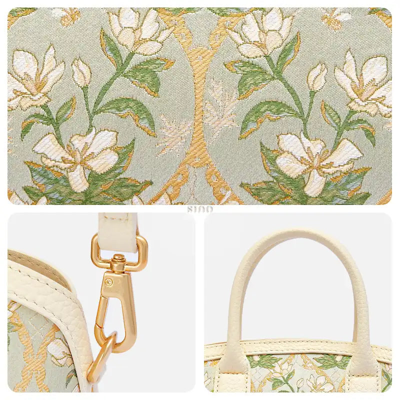 Close-up of the Verdant Floral Dayun Brocade motif, ivory leather handles, and gold-tone hardware.