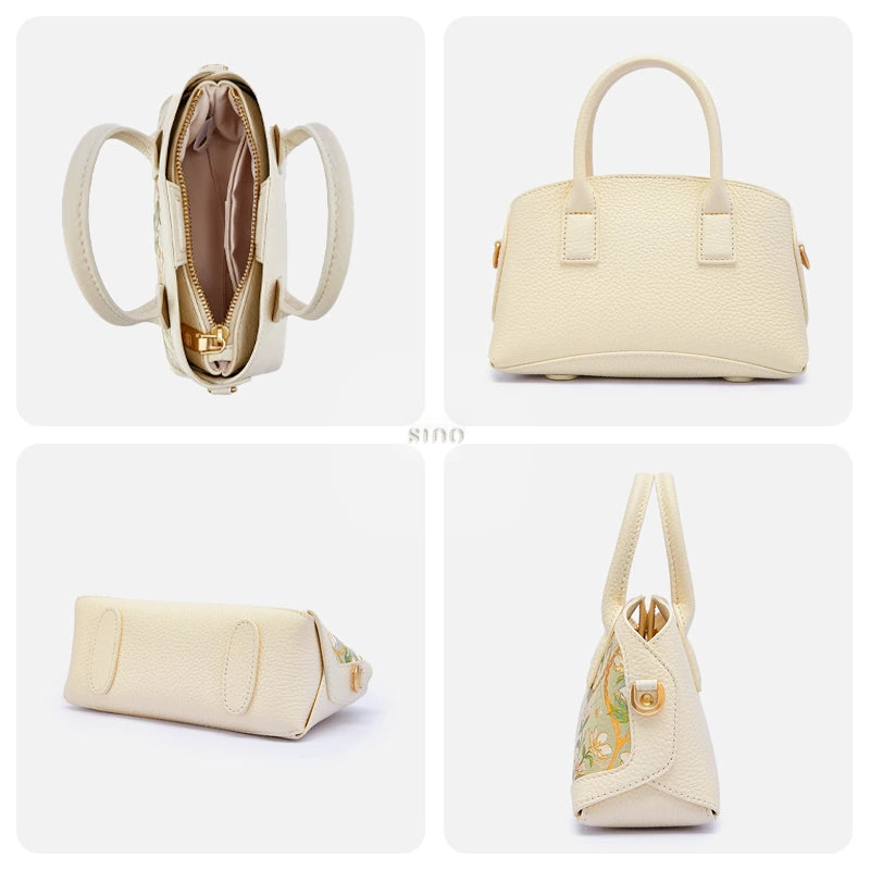 Interior, leather back, structured base, and side profile of the Verdant Floral top handle bag.