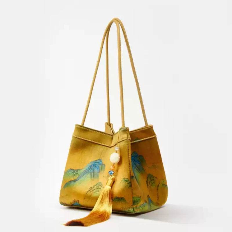 Chinese Painting Mulberry Silk Bucket Bag Vintage Handbag - SinoCultural -- P17062005-2