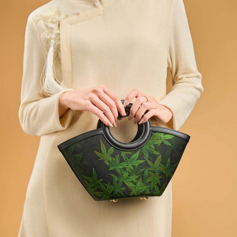 Xiangyunsha Silk Black Maple Leaves Basket Bag - SinoCultural -- P120497