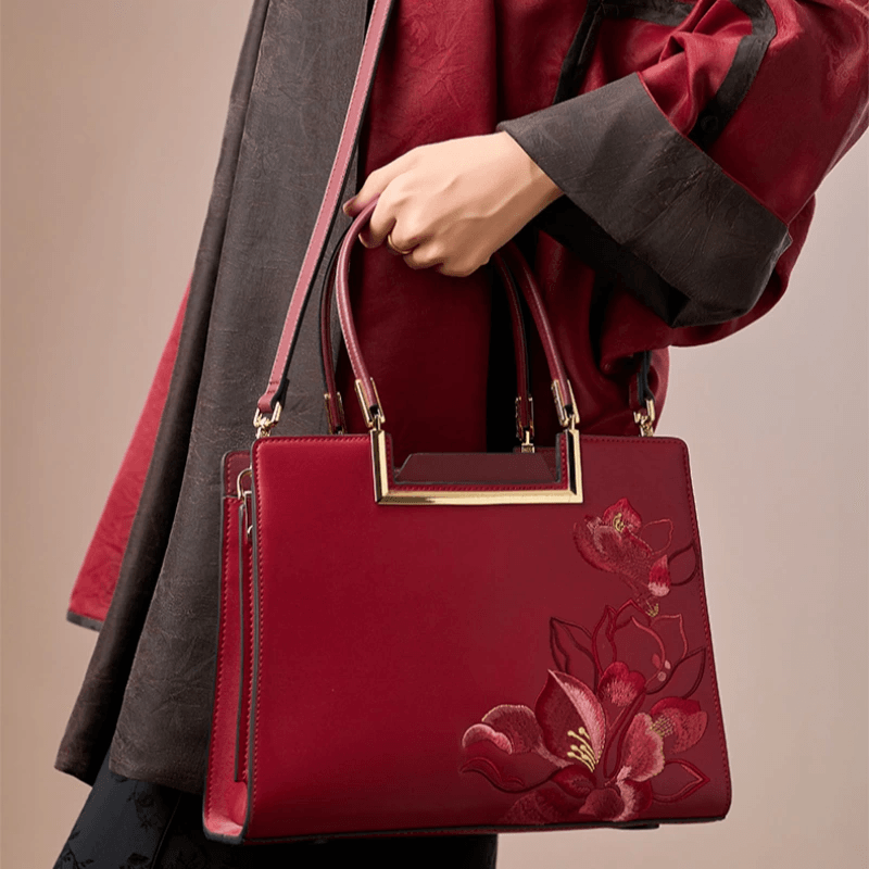 Sinocultural Embroidery Leather Red Tote Bag Magnolia Women's Handbag - SinoCultural -- P120346-1