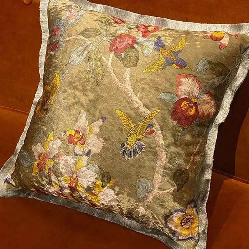 Chinoiserie Vintage Velvet Throw Pillow Floral and Botanical - SinoCultural -- SJZBZ006B01 -