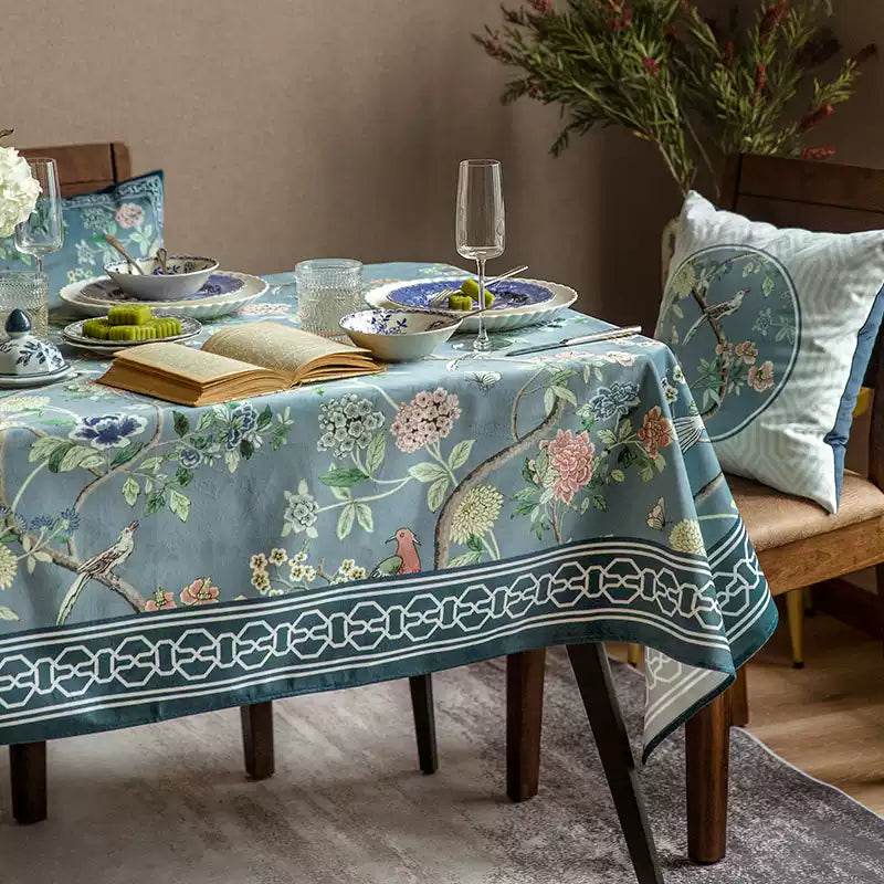 Chinoiserie Vintage Flowers and Birds Blue Tablecloth - SinoCultural -- TC008B85