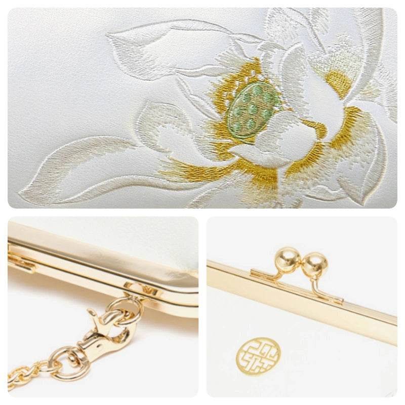 Embroidery Leather Kiss Lock Clutch Bag Lotus Evening Handbag - SinoCultural -- P220251