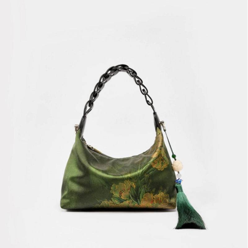 Xiangyunsha Silk Dark Green Mulberry Silk Shoulder Bag - SinoCultural