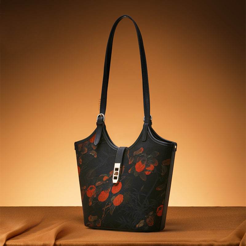 Xiangyunsha Silk Leather Printed Persimmon Bucket Bag - SinoCultural -- YS120762