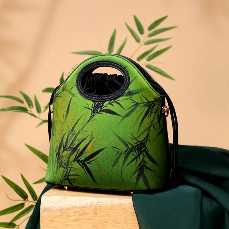 Xiangyunsha Silk Bamboo Green Drawstring Bucket Bag - SinoCultural -- YS120670-2 -