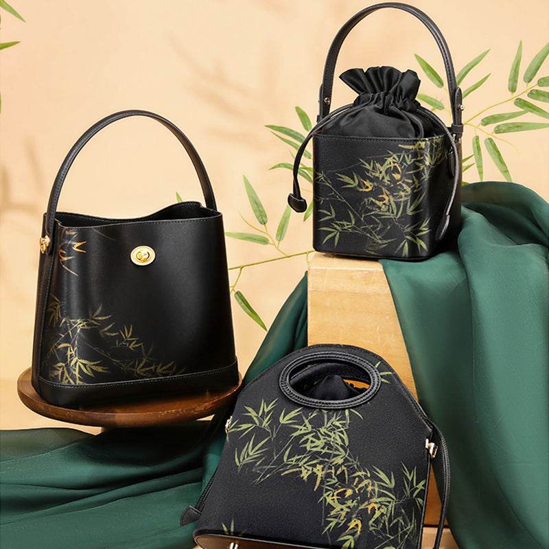 Xiangyunsha Silk Black Bamboo Print Mini Cube Bucket Bag - SinoCultural -- LD170613 -