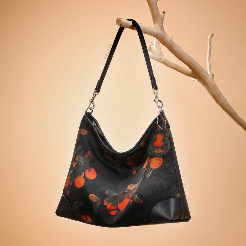 Xiangyunsha Silk Leather Printed Persimmon Shoulder Bag - SinoCultural -- YS220679