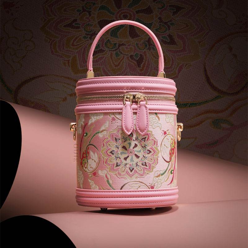 Song Brocade Powder Pink Bucket Bag Lotus & Lucky Rabbit Pattern - SinoCultural -- P12065102