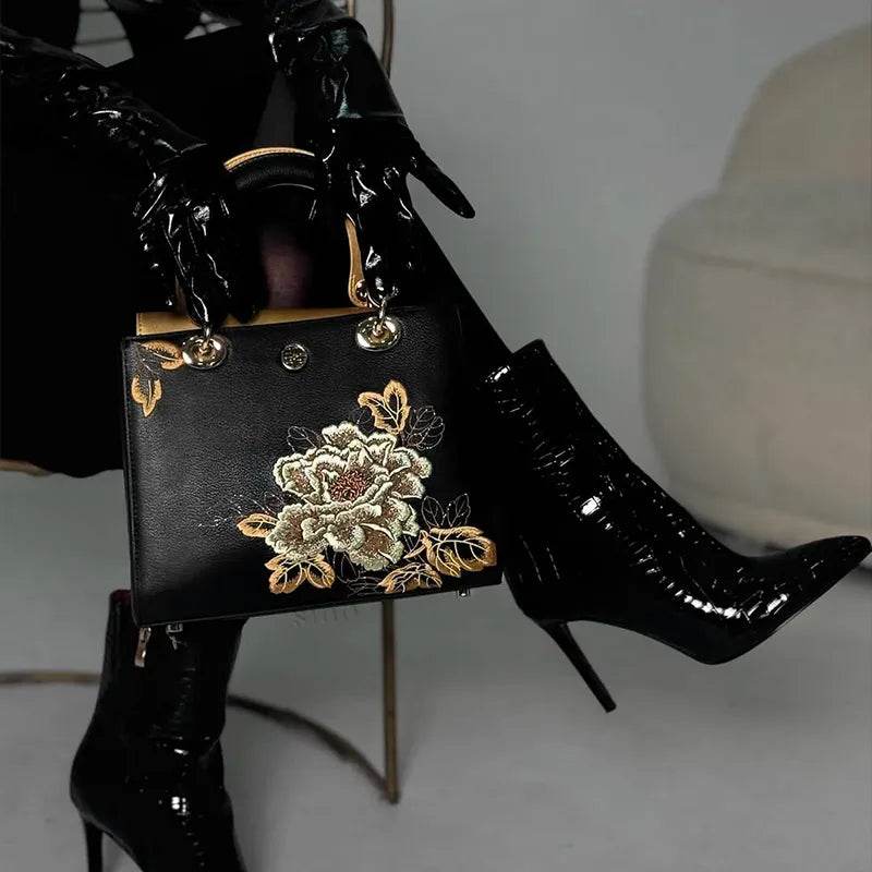 Embroidery Leather Black Lady Bag Gold Peony Luxury Handbag - SinoCultural -- P110146-1