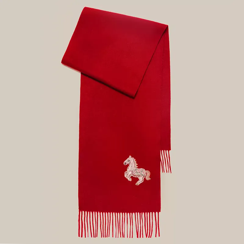 Luxury 100% wool cashmere scarf (180x30 cm) with chinoiserie fortune horse embroidery in bright red – soft, warm, and elegant.