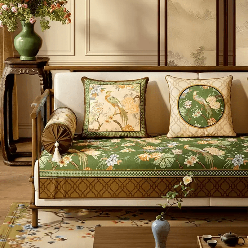 Chinoiserie Vintage Emerald Mountain Bird Floral Hydrangea Sofa Slipcover - SinoCultural -- SOC005A9090
