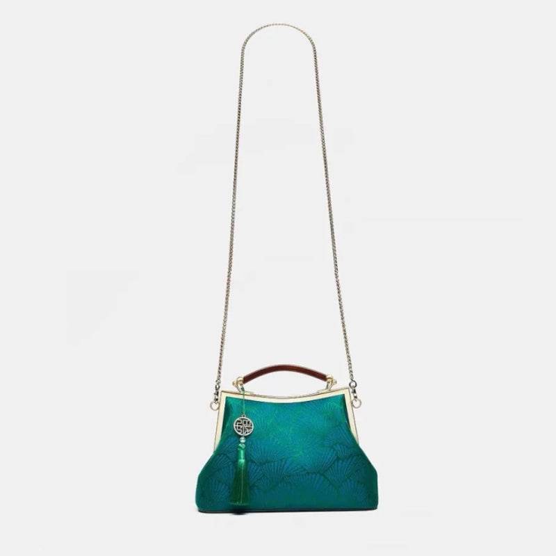Mulberry Silk Green Pine Leaf Vintage Kiss Lock Clasp Bag - SinoCultural -- P270031
