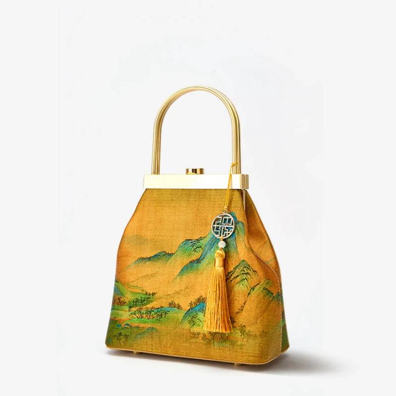 Chinese Painting Mulberry Silk Lux Kiss Lock Clutch Handbag - SinoCultural -- P170076