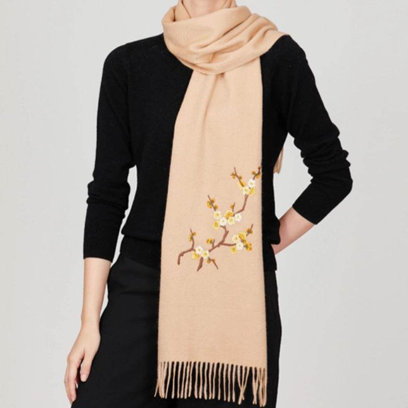 Handcrafted Su Embroidery Cashmere Scarf Luxury 190x30cm - SinoCultural -- HYFSJ017-5