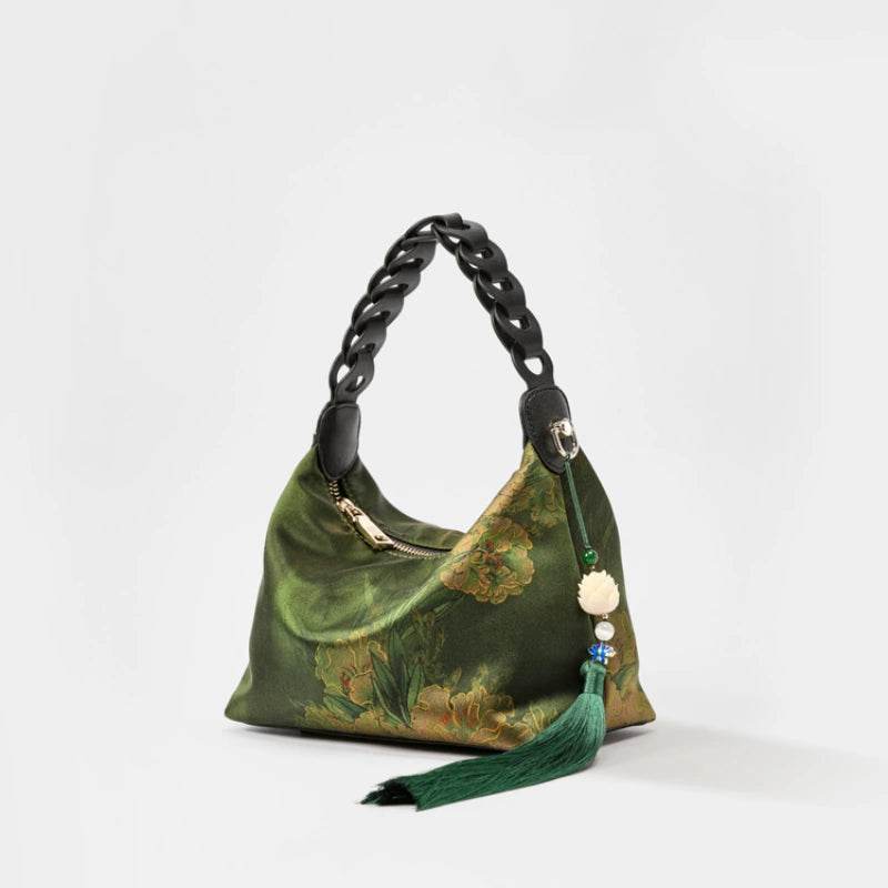 Xiangyunsha Silk Dark Green Mulberry Silk Shoulder Bag - SinoCultural