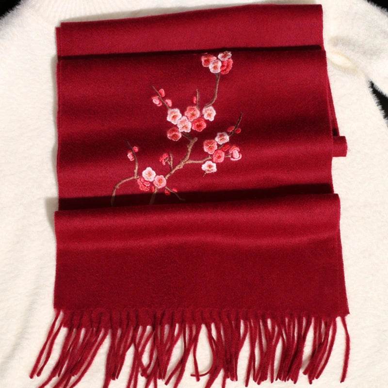 Handcrafted Su Embroidery Cashmere Scarf Luxury 190x30cm - SinoCultural -- HYFSJ017-5