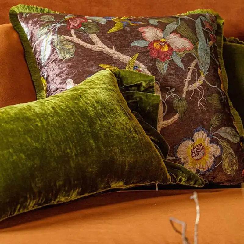 Chinoiserie Vintage Velvet Throw Pillow Floral and Botanical - SinoCultural -- SJZBZ006B01 -